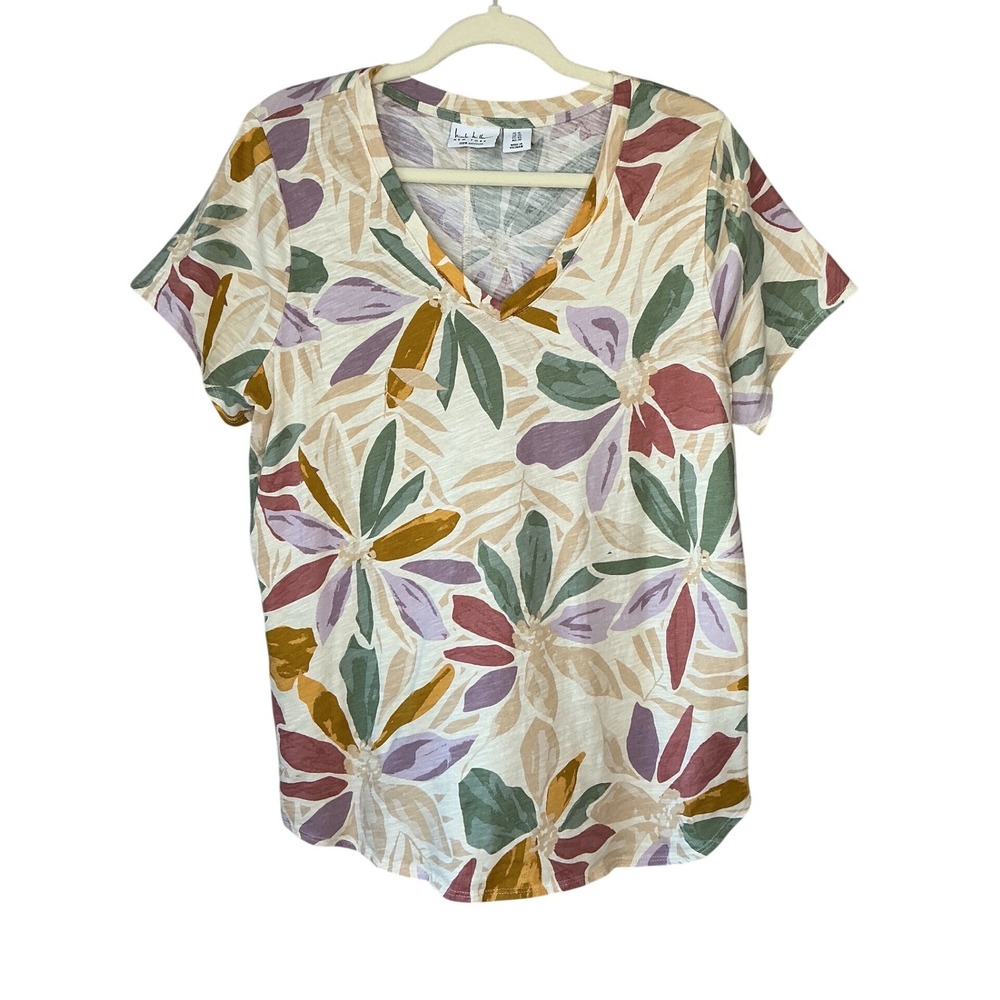 Nicole Miller New York Womens 1X Floral V-Neck Slub Cotton Tee Multicolor
